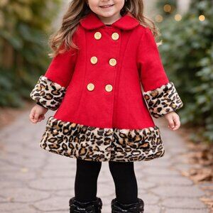 Penelope Mack Girls Red Coat Faux Fur Cheetah Print Gold Buttons